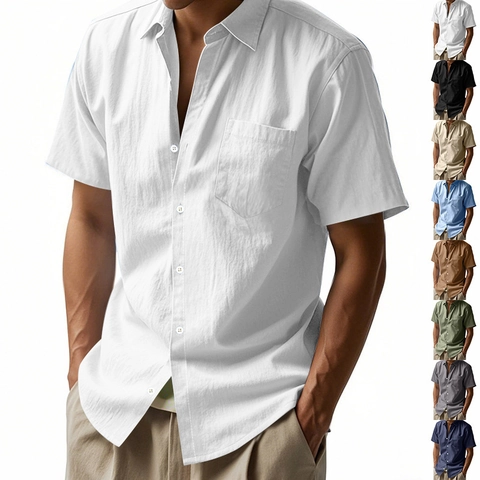 Men's American Hawaiian Style Short Sleeve Shirt Casual Loose Lapel Polyester Top With Chest Pocket Button Up Shirt