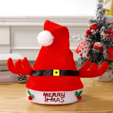 Christmas Hat With LED Light Reindeer Antler Embroidery Santa Character Festive Party Cap For Adults Kids Holiday Decor