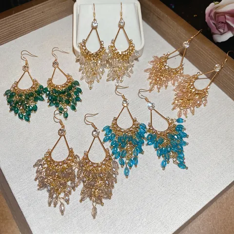 Waterdrop Fringe Drop Earrings Alloy Rhinestone Crystal Beads With 925 Sterling Silver Earring Post Bohemian Style Women