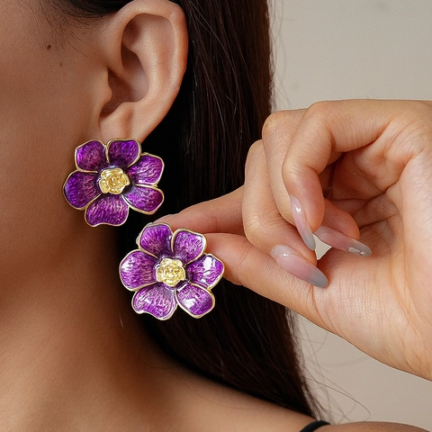 Orecchini A Lobo A Fiore Vintage Lega Smalto Design Floreale Donne Con Perno In Argento Sterling 925