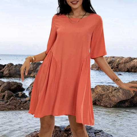 Women Summer Casual Round Neck Ruched Short Sleeve Midi Dress Solid Color Beach Sun Dress Polyester Loose Fit Vacation Dress