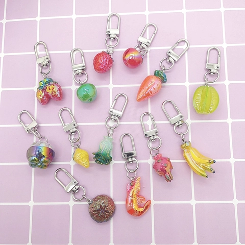 Portachiavi Mini Frutta Cangiante Colore AB Plastica Resina Fragola Mela Verdura Ciondolo Borsa Ornamento Carino