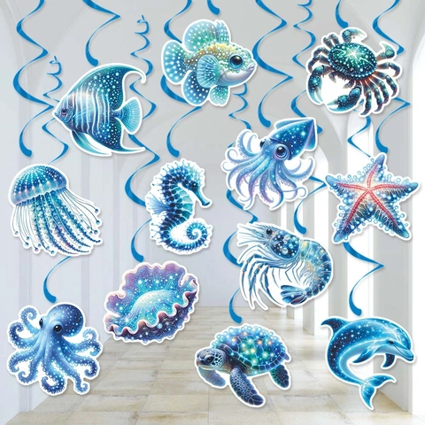 Meerestiere Hängende Wirbel Dekorationen Karton Papier PVC Nautisch Blau Deckenstreamer Sommer Geburtstagsparty Hawaii Luau