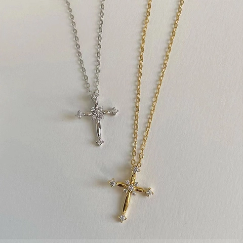 Cross Pendant Necklace Stainless Steel Chain With Zircon Inlaid Copper Charm Shiny Elegant Fashion Jewelry For Women