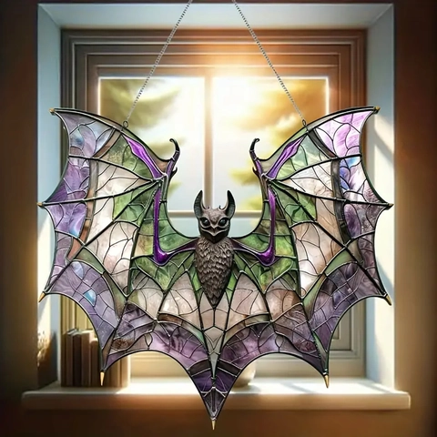 Bat Owl Bird Suncatcher Acrylic Stained Glass Style Window Hanging Gothic Halloween Decor Indoor Home Wall Ornament
