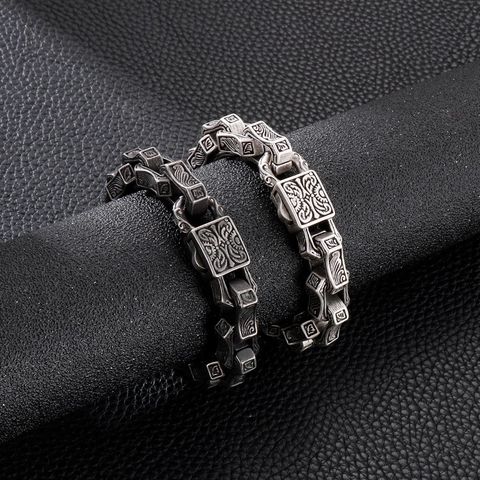 Bracciale Uomo Scolpito Totem Vintage Acciaio Inossidabile 316L Punk Catena Pesante Gioielli Biker Argento Antico