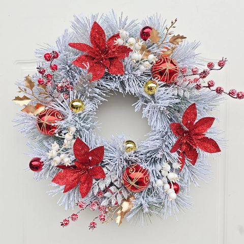 Artificial Christmas Wreath Flocked Pine Needles Red Poinsettia Flowers Gold Ornaments Front Door Hanging Holiday Home Decor