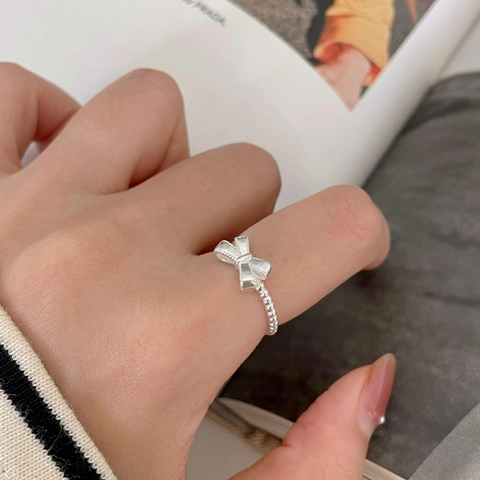 925 Sterling Silver Bowknot Ring Adjustable Beaded Band Elegant Minimalist Jewelry For Women