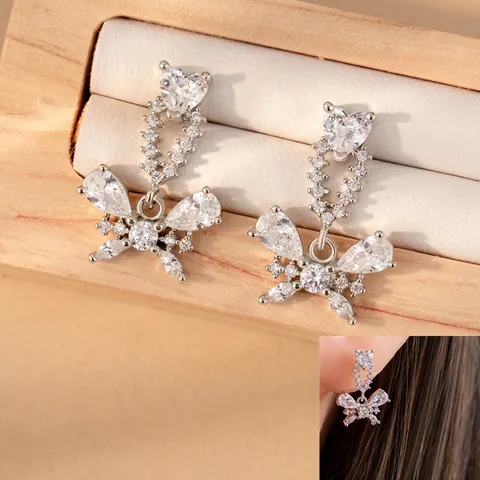 Butterfly Heart Zircon Cartilage Earring Titanium Steel Copper Double Head Screw Back Pendant Stud For Women Silver