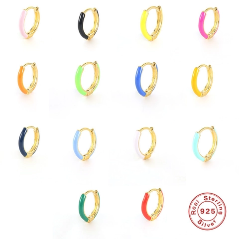 Minimalist 925 Sterling Silver Hoop Huggie Earrings Gold Plated Colorful Enamel Geometric Fashion Jewelry For Women