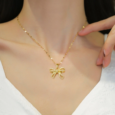 Butterfly Pendant Necklace Stainless Steel Chain Copper Zircon Micro-Pave Bowknot Elegant Jewelry For Women