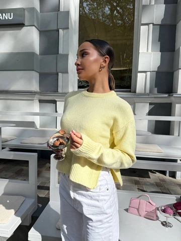 Women Knit Sweater Cotton Blend Round Neck Long Sleeve Solid Color Side Slit Hem Casual Pullover Top Loose Fit Knitwear