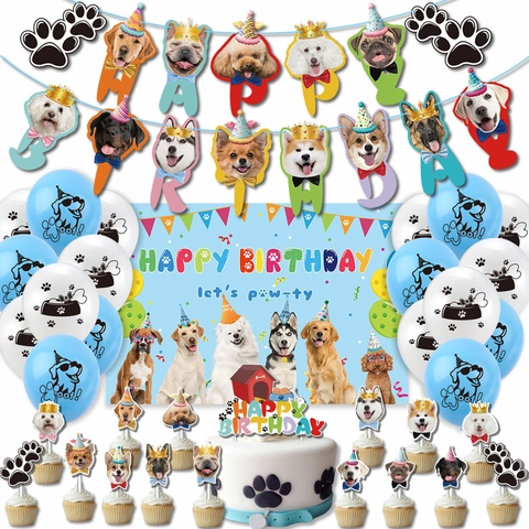 Hundegeburtstag Dekorationen Latexballons Pappbanner Stoffhintergrund Pfotenabdruckmuster Welpenillustrationen Festliche