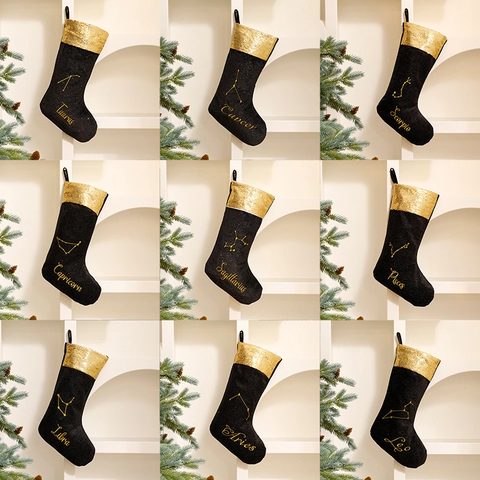 Black Gold Constellation Christmas Stocking With Sequin Cuff Flannel Embroidered Holiday Hanging Decor