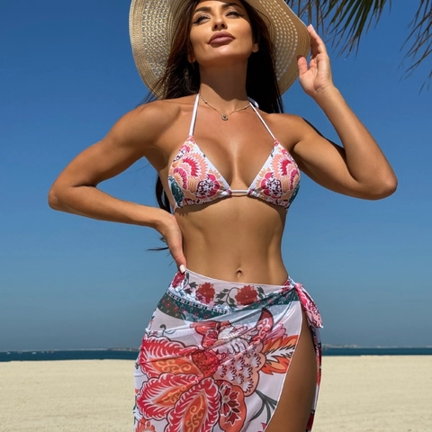 Bikinibovenstuk Broekje En Sarong Met Bloemenprint Boheemse Badmode Van Polyester Voor Dames