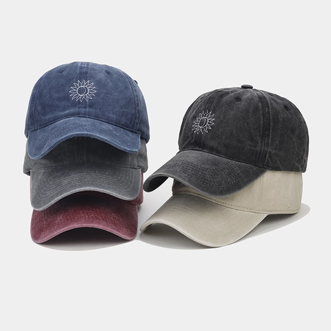 Retro Washed Cotton Baseball Cap Embroidered Sun Pattern Vintage Distressed Adjustable Sun Hat For Men Women Casual