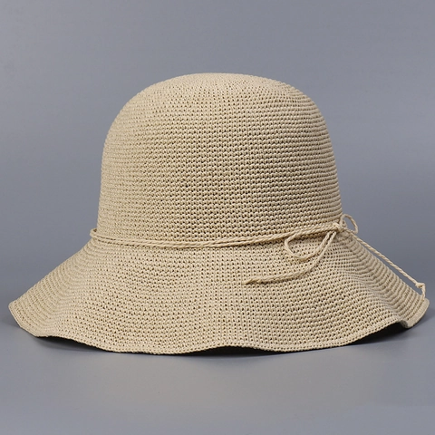 Damen Papier Stroh Sonnenhut Hand Gehäkelt Breite Krempe Faltbar Atmungsaktiv Schleife Dekor Sommer Strand Urlaub Elegant