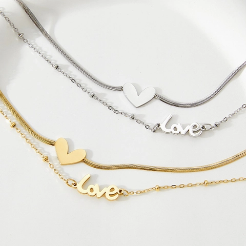 Tobillera De Doble Capa De Acero De Titanio Con Colgante De Corazón Y Love Joyería Minimalista Para Mujer Ajustable