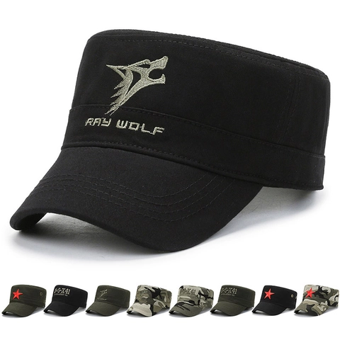 Men Outdoor Military Cadet Cap Cotton Canvas Wolf Embroidery Adjustable Flat Top Sunshade Hat Camouflage
