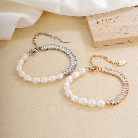 Pulsera De Empalme Perlas Artificiales Y Circonitas Elegante Perla Artificial De Agua Dulce Barroca Circonia Cúbica Rectangular Joyería Ajustable Mujer