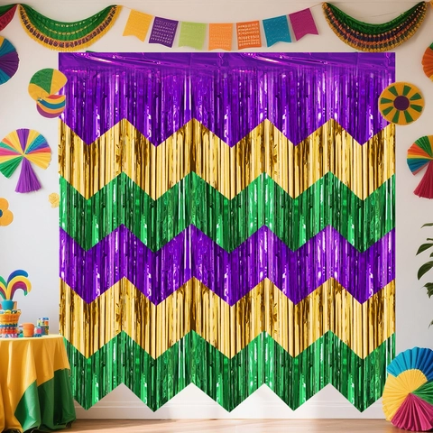 Mardi Gras Rideau Franges Décoration Motif Vagues Violet Or Vert Feuille Fond Pour Festival Fête Bannière Décor