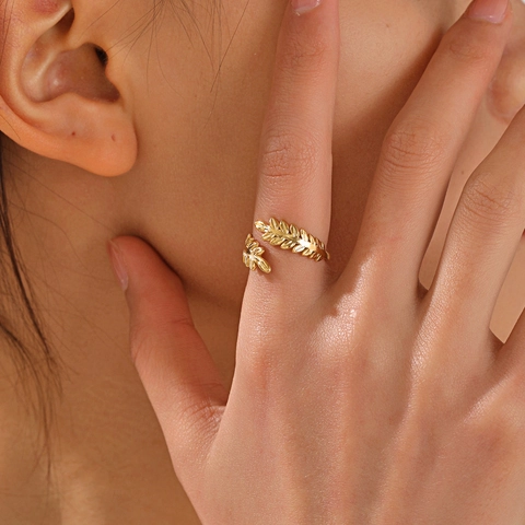 Anillo Abierto De Hoja De Acero Inoxidable Para Mujer Ajustable Chapado En Oro Rama De Olivo Espiga De Trigo Elegante