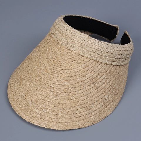 Chapeau Visière En Paille De Raphia Pour Femmes Large Bord Protection Solaire Dessus Vide Style Bandeau Plage Été Respirant