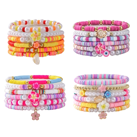 Bohemian Mehrlagige Armbänder Polymer-Ton Heishi Künstliche Perlen Künstliche Perle Blume Muschel Schildkröte Anhänger Strand Schmuck Damen