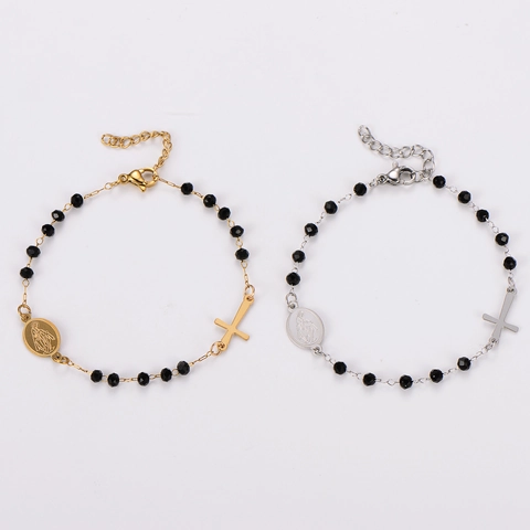 Pulsera Rosario De Cuentas Acero Inoxidable 304 Cuentas Negras Colgante Cruz Medalla Virgen María Joyería Religiosa Unisex