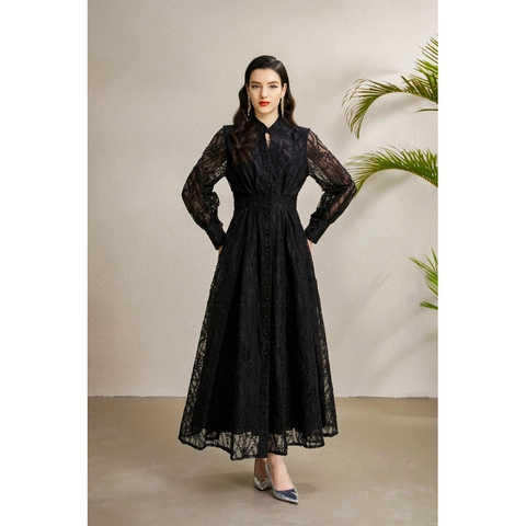 Elegante Zwarte Kant Maxi Jurk Opstaande Kraag Knoopsluiting Lantaarnmouwen Hollow Out Slanke Taille Retro Paleisstijl Dames