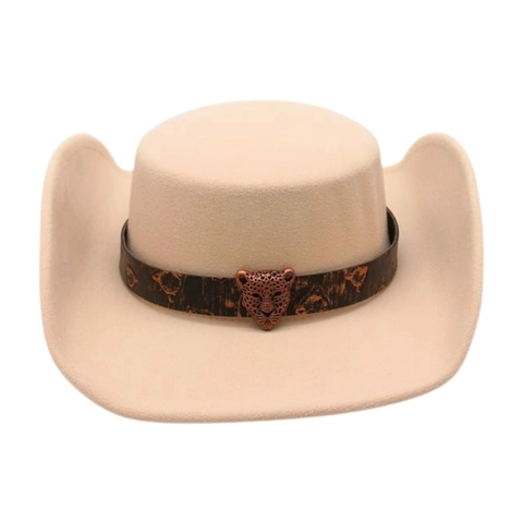Retro Western Cowboy Hat With Leopard Head Metal Buckle Elegant Cotton Polyester Felt Fedora For Stage Performance