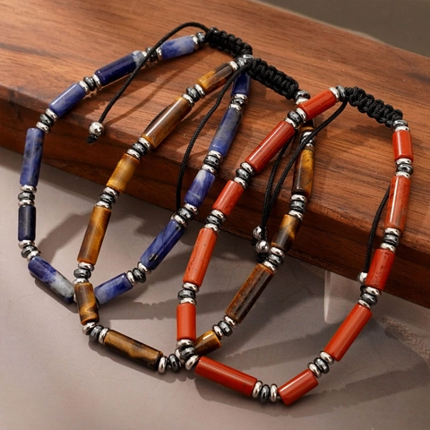 Natural Stone Beaded Bracelet Tiger Eye Red Jasper Sodalite Stainless Steel Adjustable Woven Rope Tube Bead Jewelry Men