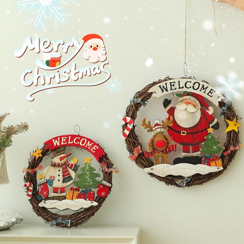 Corona Di Natale Appesa Porta Insegna Benvenuto Rattan Legno Babbo Natale Pupazzo Di Neve Renna Decorazione Parete Festiva