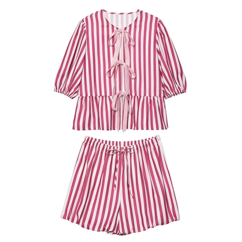 Set Loungewear A Righe Da Donna Poliestere Fiocco Davanti Top A Maniche Corte E Pantaloncini Vita Elastica Completo Dolce