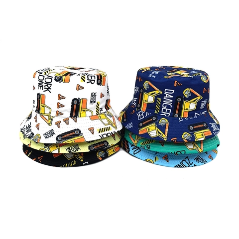 Kids Bucket Hat Cotton Polyester Sun Protection Excavator Construction Vehicle Pattern Breathable Summer Sunscreen Boys