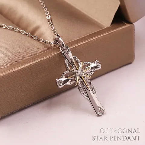 Collana Con Pendente A Croce A Doppio Strato Lega Strass Stella Ottagonale Bicolore Hip Hop Streetwear Gioielli Vintage