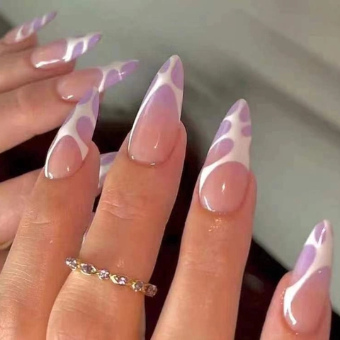 Uñas Postizas Forma De Almendra Púrpura Claro Ondas De Agua Estilo Francés Abstracto Manicura Removible Para Mujeres