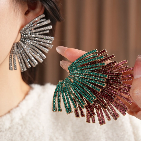Fan Shaped Geometric Rhinestone Earrings Alloy With Steel Earring Post Exaggerated Party Style Women Jewelry