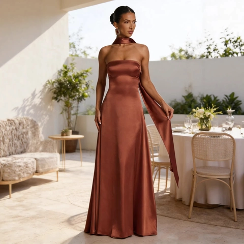 Satin Strapless Maxi Dress Backless Lace Up Elegant Evening Party With Matching Scarf For Women
