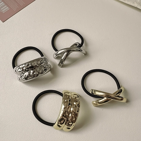 Minimalistisches Metall Geometrisches Haargummi Für Damen Vintage Gehämmerte Textur Elastisches Haarband Gold Silber Legierung Kopfschmuck