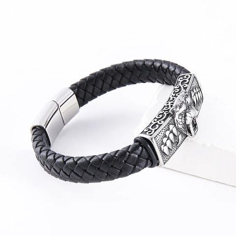 Bracciale In Pelle Intrecciata Da Uomo Con Testa Di Leone In Acciaio Inossidabile Stile Punk Retrò Gioielli Animali