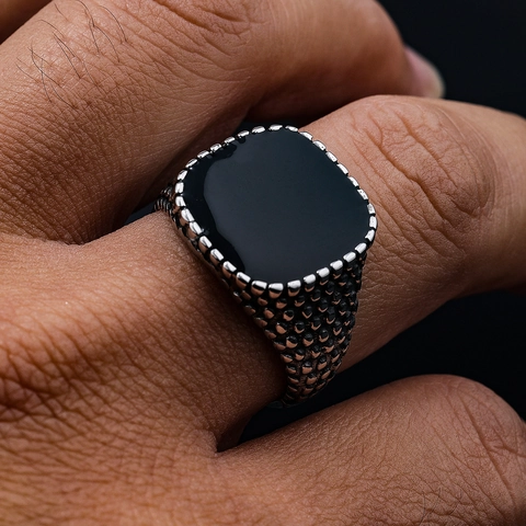 Men Vintage Signet Ring Stainless Steel Square Black Enamel Nordic Punk Dotted Texture Domineering Biker Jewelry