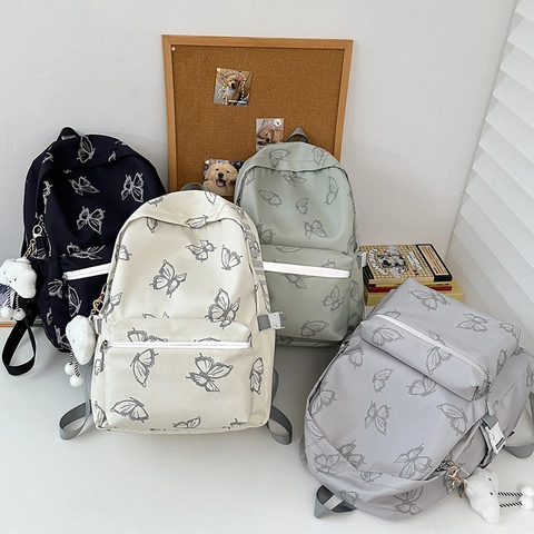 Schmetterling Druck Nylon Rucksack Große Kapazität Schultasche Für Studenten Mit Kawaii Wolke Plüsch Anhänger Ästhetische Tagesrucksack