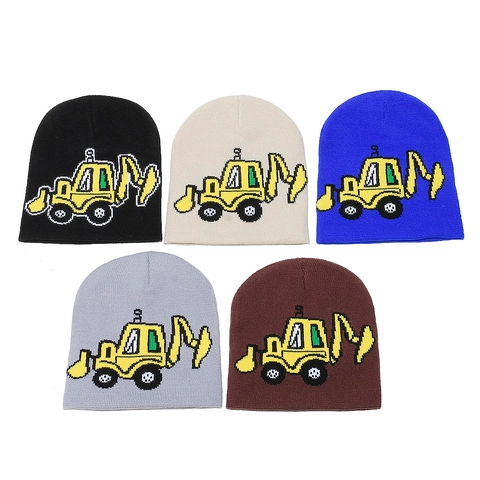 Kids Winter Knitted Beanie Hat Warm Acrylic Excavator Construction Vehicle Pattern Boys Girls