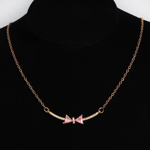 Bowknot Pendant Necklace In Stainless Steel With 18K Gold Plating Pink Zircon Elegant Sweet Jewelry For Women