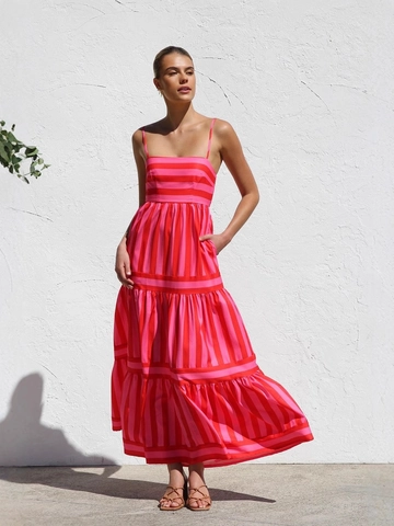 Women Striped Cami Maxi Dress Tiered Layered Backless Summer Sun Dress With Pockets Polyester Spandex Sleeveless Casual