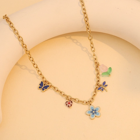 Stainless Steel Enamel Jewelry Colorful Flower Butterfly Heart Dragonfly Pendant Necklace Bracelet Earrings For Women