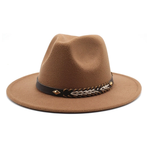 Wollfilz Fedora Hut Breite Flache Krempe Retro Britischer Jazz Hut Für Damen Herren Mit Nieten Geflochtenem Band