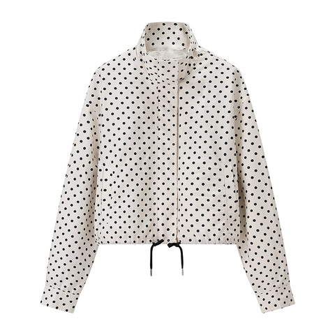 Women Polka Dot Print Stand Collar Long Sleeve Jacket And High Waist Shorts Top And Bottom Off White Elegant Commuter Apparel
