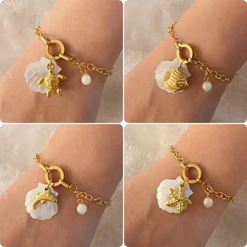 Stainless Steel Shell Charm Bracelet Ocean Sea Turtle Starfish Dolphin Fish Pendant Artificial Pearl Link Chain Jewelry For Women